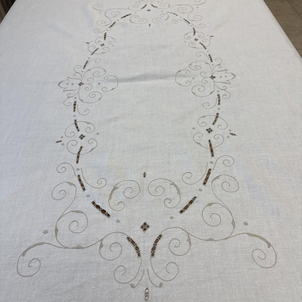 Vtg Linen Tablecloth Embroidered Cut Work Light Beige Rectangle 62"x86" Flaws